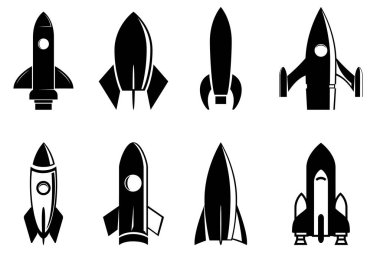 Vektör roketler kümesi. Uzay gemileri siluet koleksiyonu. Etiket ve amblem tasarım şablonu. Vektör illüstrasyonu.