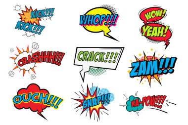 Çizgi roman tarzı cümleler. Zam, Crash, Crack, Snap, Whop. Vektör illüstrasyonları.