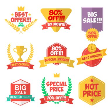 Düz stil etiketler ve rozetler. Vektör Tasarım Ögeleri.