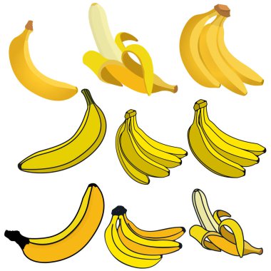  Taze muz ikonları seti. Logo, etiket, amblem, amblem, amblem, işaret, kimlik, logotip, poster için tasarım ögeleri.