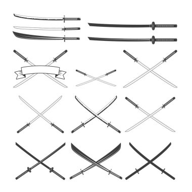 Katana kılıçları seti. Retro tarzında samuray ve ninja silahı. Çapraz samuray kılıç koleksiyonu. Ninja shurikens.