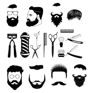 Vintage berber tek renkli simgeleri ve tasarım öğeleri beyaz arka plan üzerinde izole ayarlayın. Erkek saç modeli simgeleri. Logo, etiket, amblem, rozet, işaret için tasarım öğeleri. Vektör çizimi.