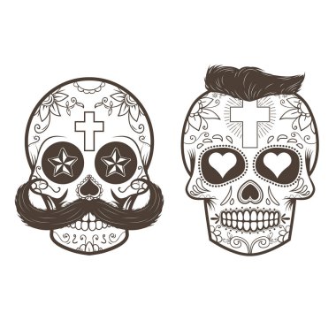 Vektör kafatasları kümesi. Ölülerin günü. Şeker kafatasları.