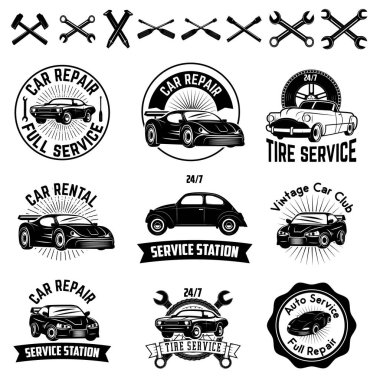 Araba tamir servis etiket kümesi. Retro vektör tasarım grafik öğesi, amblem, logo, amblem, işaret, kimlik, logo, poster. Vektör tasarım öğeleri.