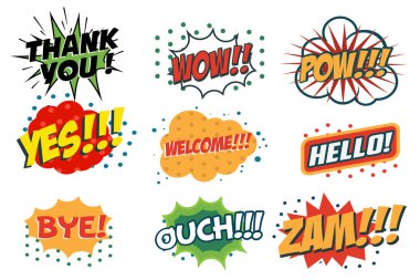 Trendy pop art tarzı komik konuşma kabarcıkları Vektör seti. Evet, Merhaba, Teşekkür ederim, Hoşgeldiniz, Wow, Bye, Zam, Ouch ile konuşma kabarcıkları el çizilmiş ayarlayın. Vektördeki tasarım öğeleri.