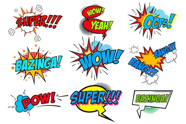 Çizgi roman seti, Pop art tarzı ifadeler. Waw, Pow, Bang-Bang, Süper!, Bazinga, Oops! Vektör tasarım elemanları.