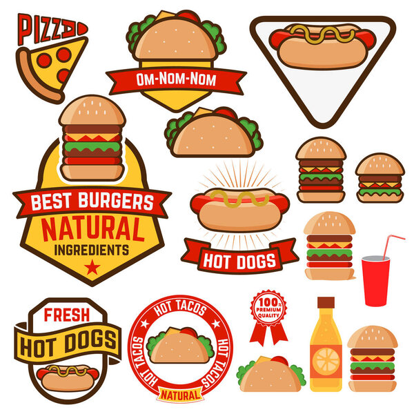 Набор хот-догов, гамбургеров, тако этикетки, значки и элементы дизайна