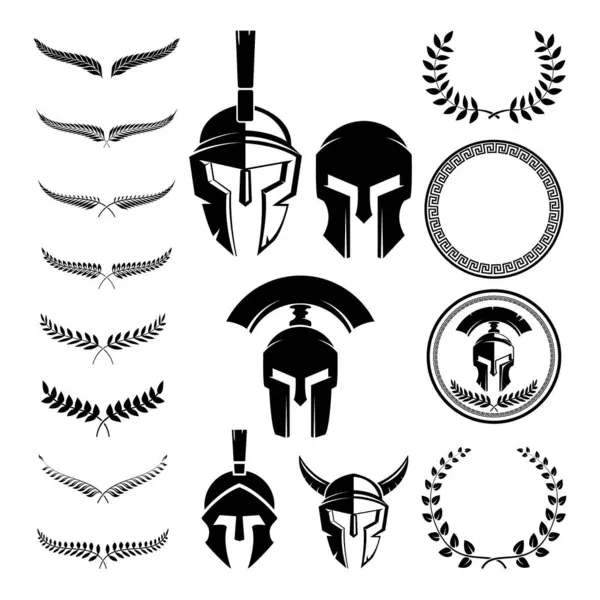 Spartalı savaşçılar kask seti ve amblemler için tasarım elemanları oluşturun. Logo, etiket, amblem, işaret için tasarım öğeleri. Vektör çizimi.