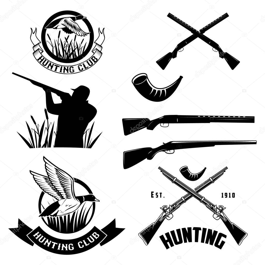 Set of vector labels with duck, dip, gun, hunter for hunting emblems