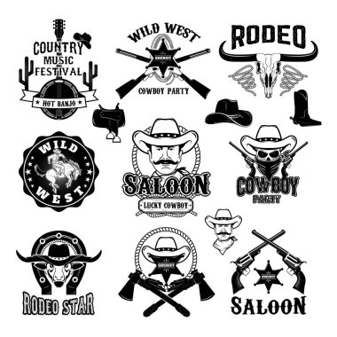 Kovboy rodeosu, Vahşi Batı etiketleri. Country müzik partisi. Logo, etiket, amblem, işaret, rozet tasarımı.