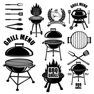 bbq amblemi, rozetler ve tasarım elementleri. Izgara partisi. Vektör illüstrasyonu