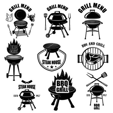 bbq amblemi, rozetler ve tasarım elementleri. Izgara partisi. Vektör illüstrasyonu