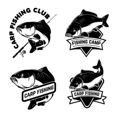 Tek renkli sazan balığı amblemi seti. Sazan balığı logosu, etiket, işaret, poster, rozet.