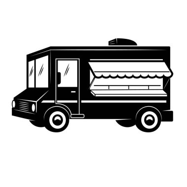 Bir yemek kamyonu tasviri. Amblem, işaret, rozet için tasarım elemanı. Vektör illüstrasyonu