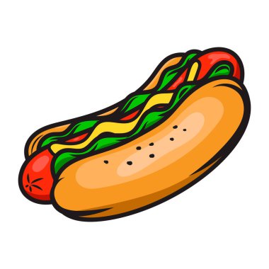 İşleme tarzında sosisli tasviri. Poster, menü ve imza için tasarım ögesi.