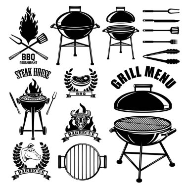 bbq amblemi, rozetler ve tasarım elementleri. Izgara partisi. Vektör illüstrasyonu