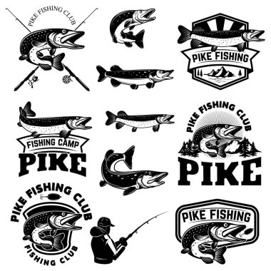 Tek renkli balık amblemi seti gibi bir şey. Turna balığı logosu, etiket, işaret, poster, rozet.