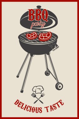 Barbekü partisi vintage ilanı grunge arka plan üzerinde. Mutfak aletleri, biftek, sosis ızgara. Tasarım öğeleri için Restoran Menü, poster. Vektör çizim.