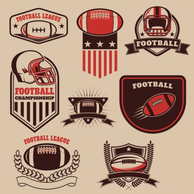 Amerikan futbolu etiketleri, amblem ve tasarım öğeleri kümesi. Futbol simgeler. Futbol Ligi. Amerikan Futbol Şampiyonası. Vektör tasarım öğeleri.