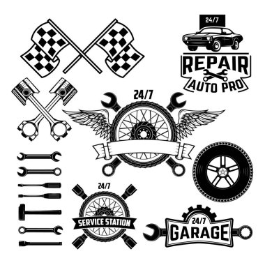 Retro vintage grunge araba etiketleri, rozetleri ve simgeler koleksiyonu. Garaj, araba repaire istasyonu, lastik Servisi etiketleri ve rozetleri ve tasarım öğeleri.