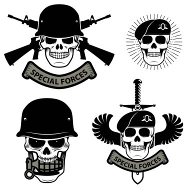 Askeri amblemi. Ağzında bir el bombası ile insan kafatası bir kask içinde. Özel forses etiketleri kümesi