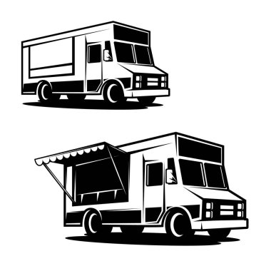 Bir yemek kamyonu tasviri. Amblem, işaret, rozet için tasarım elemanı. Vektör illüstrasyonu
