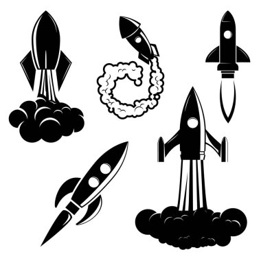 Roket fırlatma seti. Başlangıç amblemi şablonu. Logo, etiket, işaret, rozet için tasarım öğeleri.