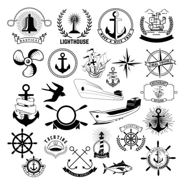 Denizcilik etiketleri, amblemler ve tasarım elementleri. Deniz feneri, yat, derin okyanus, çapalar, balinalar, yunuslar. Denizcilik hayvanları simgeleri. Deniz hayatı. Denizsel amblem ve işaretler için vektör ögelerinin kümesi.