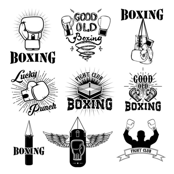 Набор этикеток, эмблем и элементов дизайна боксерского клуба. Боксерские перчатки. Удачный удар. Набор конструктивных элементов в векторе
.