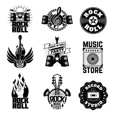 Rock müzik etiketleri, rozetleri ve tasarım öğeleri kümesi. Logo, etiket, amblem, işaret için tasarım öğesi. Vektör tasarım elemanı