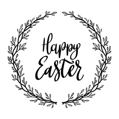 Mutlu Paskalyalar. Beyaz arkaplanda izole edilmiş çelenk içeren harf cümlesi