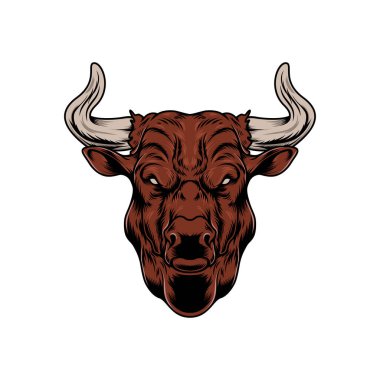 Kabartma tarzında bir boğa kafası tasviri. Logo, etiket, işaret, amblem, rozet tasarımı. Bir boğanın vektör çizimi