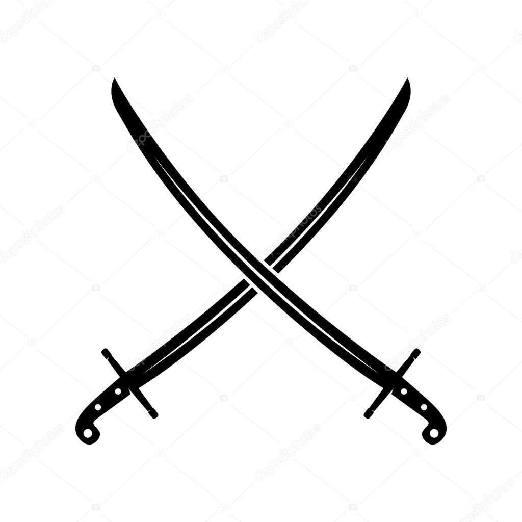 Crossed ancient sabers. Design element for emblem, sign, badge. Vector illustration
