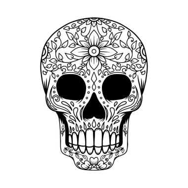 El çizimi Meksika şekerli kafatasının beyaz arka planda izole edilmiş hali. Poster, kart ve afiş için tasarım elemanı. Ölüler Günü