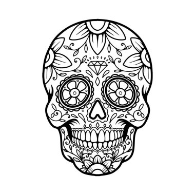 Meksika şeker kafatası tasviri. Ölüler günü. Dia de los muertos. Vektör illüstrasyonu
