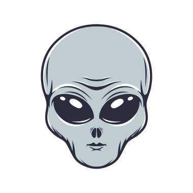İşleme tarzında uzaylı kafası tasviri. Amblem, poster, kart, pankart, rozet tasarımı. Ufo. Vektör illüstrasyonu