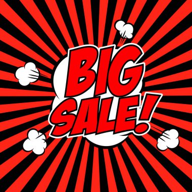 Büyük indirim var! Güneş patlaması arka planında komik bir ifade. Broşür ve poster için tasarım ögesi. 