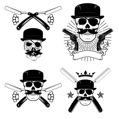 Beyaz arka plan üzerinde izole gangsta kafatasları kümesi. Tasarım öğesi t-shirt baskı, poster, etiket. Vektör çizim.