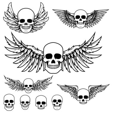 Kanatlı kafatasları seti. Tişört baskısı, poster, çıkartma için tasarım ögesi. 