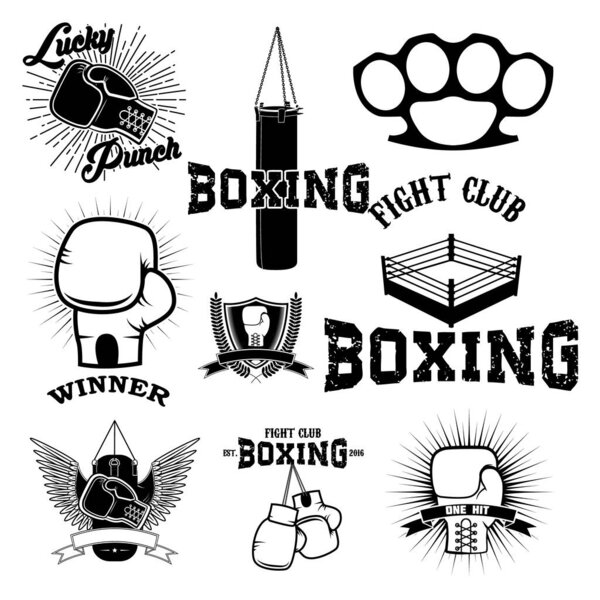 Набор этикеток, эмблем и элементов дизайна боксерского клуба. Векторная иллюстрация
.