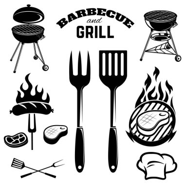 Barbekü ve ızgara tasarım öğeleri. İnek kafaları. Mutfak aletleri. Biftek. Çiğ et. Izgara balık.