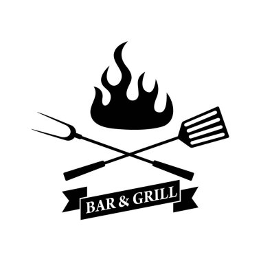 Barbekü ve ızgara. Çapraz pişirilmiş spatula ve çatalla amblemi. Vektör illüstrasyonu