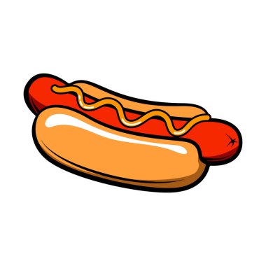 Sosisli sandviç. Beyaz arka planda ateş izole edilmiş retro tarzı sosisli sandviç. Fast food. Logo, etiket, amblem ve imza için tasarım ögesi. Vektör illüstrasyonu.