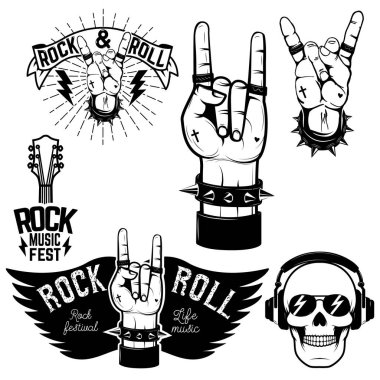 Rock and roll simgesi olan insan el ayarlayın. Rock and roll Festivali. Tasarım öğeleri için afiş, amblem. Vektör çizim.