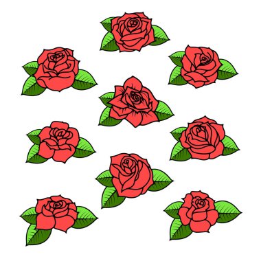 Beyaz arka planda yaprakları olan farklı güllerden oluşan bir set. Vektör içindeki tasarım ögeleri.