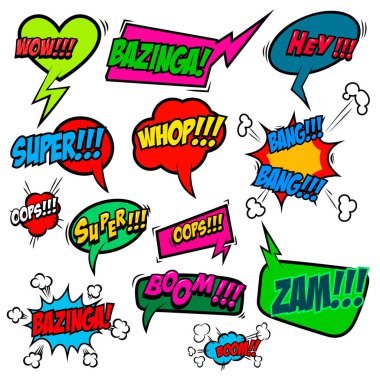 Çizgi roman seti, Pop art tarzı ifadeler. Waw, Pow, Bang-Bang, Süper!, Bazinga, Oops! Vektör tasarım elemanları.