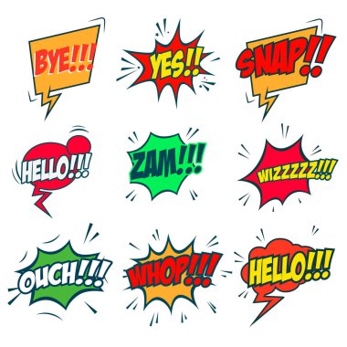 Beyaz arkaplanda izole edilmiş çizgi roman tarzı ifadeler. Pop sanatsal ifadeler ayarlandı. Vay canına! Tüh! Vay canına! Poster ve el ilanı için tasarım elemanı. Vektör tasarım ögesi.