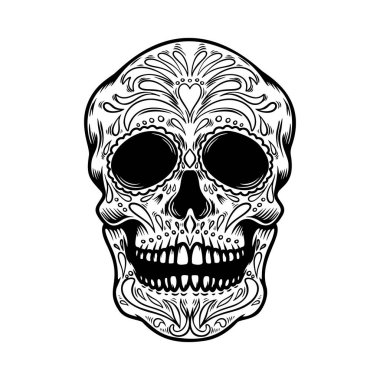 Şeker Kafatası çizimi. Ölü bir gün. Dia de los muertos. Poster, kart, el ilanı ve afiş için tasarım öğeleri. Vektör illüstrasyonu