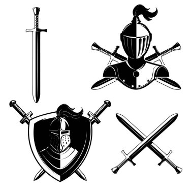 Beyaz arka planda izole edilmiş şövalye miğferleri. Logo, etiket, amblem, işaret, rozet, marka işareti için tasarım ögeleri. 