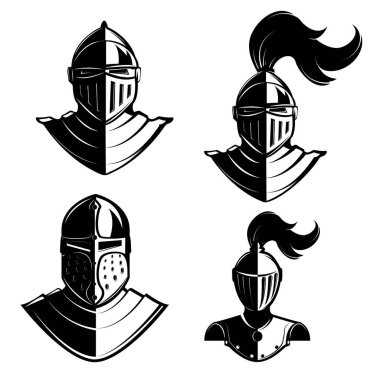 Beyaz arka planda izole edilmiş şövalye miğferleri. Logo, etiket, amblem, işaret, rozet, marka işareti için tasarım ögeleri. 